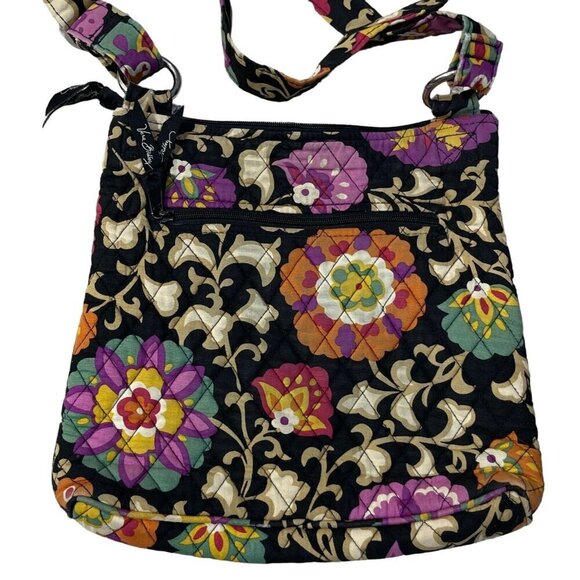 Vera Bradley Medium Suzani Hipster Crossbody Purse Floral Black Pink - Picture 3 of 5
